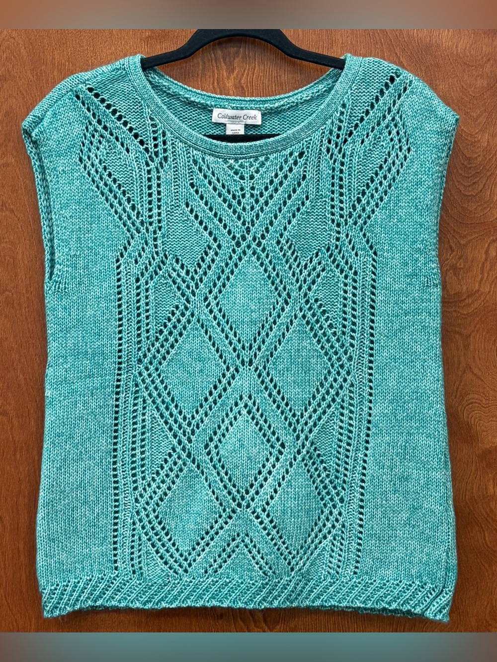 Coldwater Creek Diamond Pointelle Knit Sleeveless Sweater Shell teal-green Large
